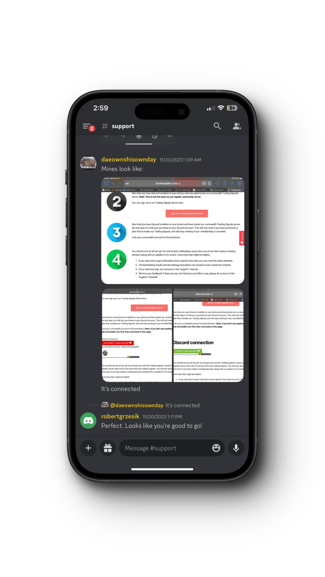 Mobile screen showing Discord support channel with user messages and images discussing trading signals setup and connectivity.