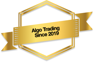 Golden badge with text "Algo Trading Since 2019" on a blue background.