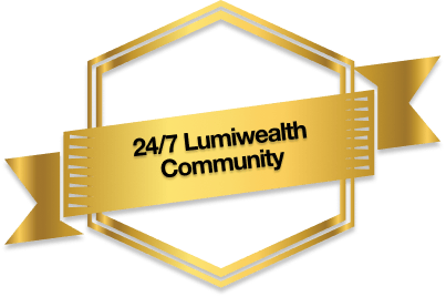 Golden badge with text "24/7 Lumiwealth Community" on a blue background.