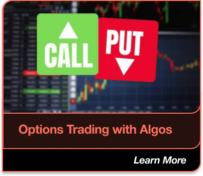 Options Trading with Algos: Icons for call and put options over a background of trading charts. Learn More.